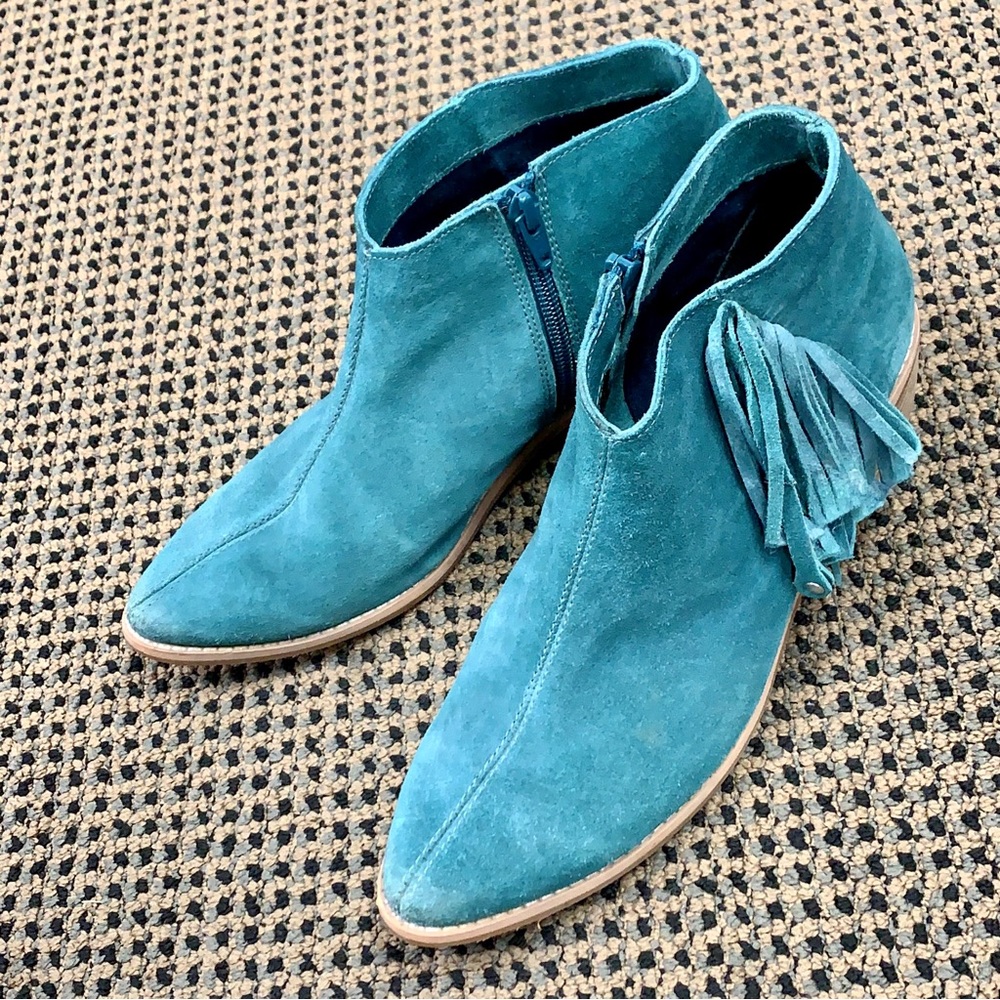 Naughty 🙊 Suede Leather Teal Fringe Booties